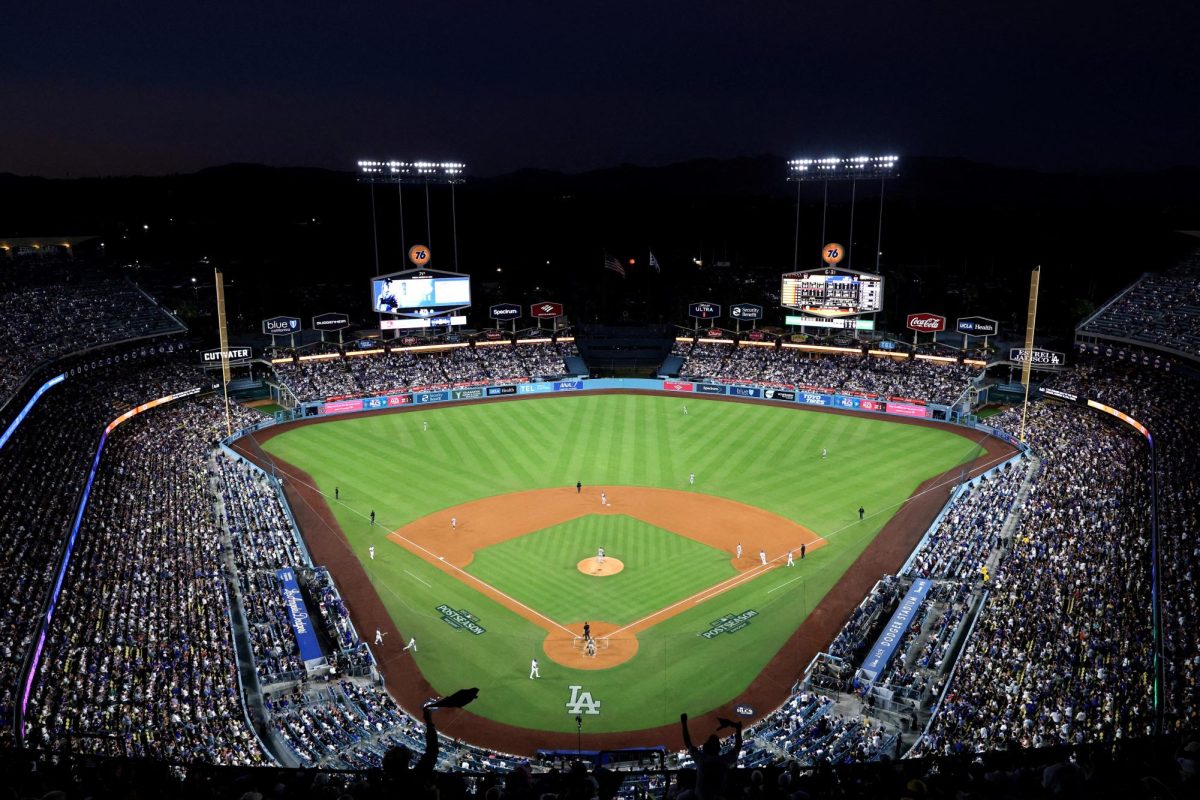 Oct 17, 2025; Los Angeles, California, USA; General view during the third inning of game four of the NLCS round between the Los Angeles Dodgers and the Milwaukee Brewers for the 2025 MLB playoffs at Dodger Stadium. Mandatory Credit: Kiyoshi Mio-Imagn Images