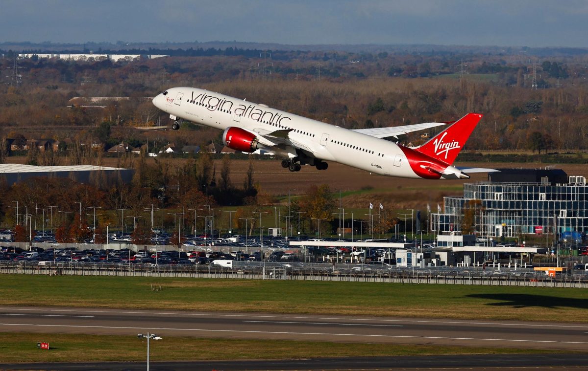 Virgin Atlantic Boeing 787 departures to perform the first 100% Sustainable Aviation Fuel transatlantic flight to John F. Kennedy International Airport in New York from Heathrow airport, in London, Britain, November 28, 2023. REUTERS/Peter Nicholls